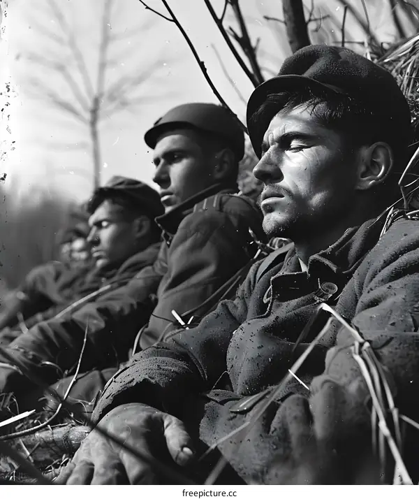 A group of soldiers are sitting in a foxhole during World War II.