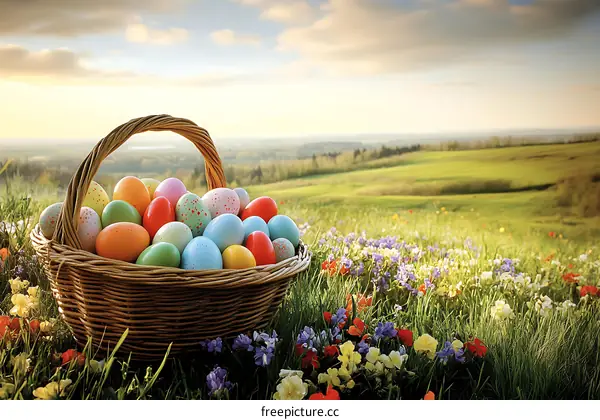 Colorful Easter Eggs in a Basket on a Spring Meadow