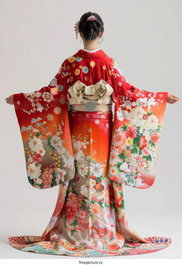 A woman wearing a red kimono with floral patterns