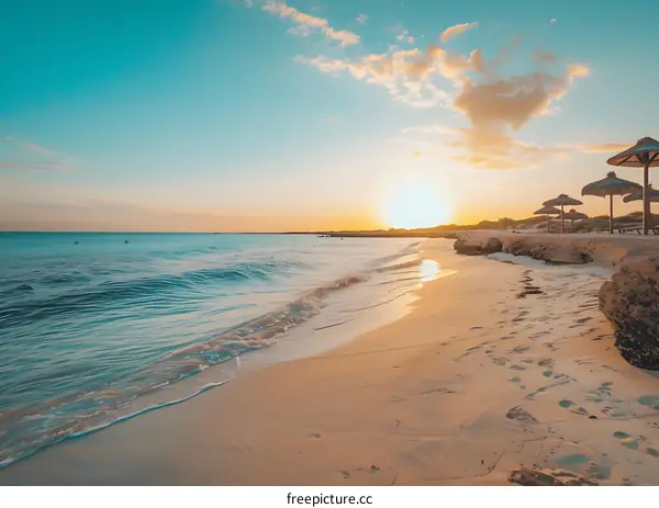 Beautiful Sunset Over Sandy Beach with Blue Water