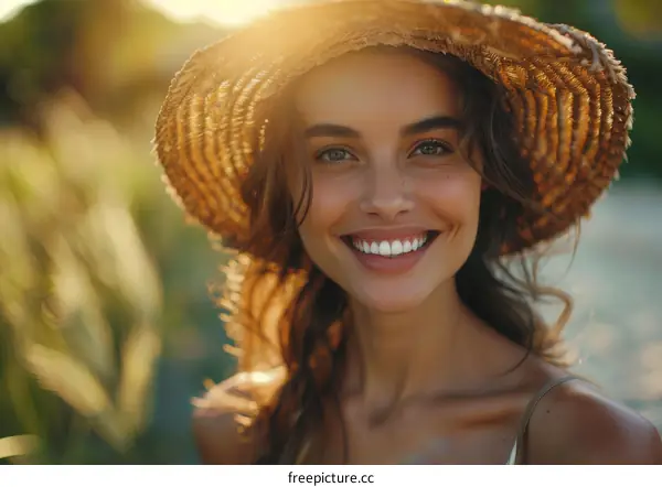 Smiling Woman Wearing Straw Hat in Sunlight