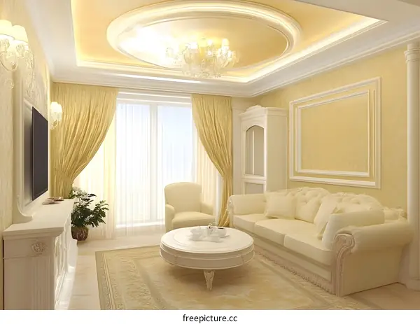 Luxury Living Room Interior Design with Elegant White Furniture and Golden Accents