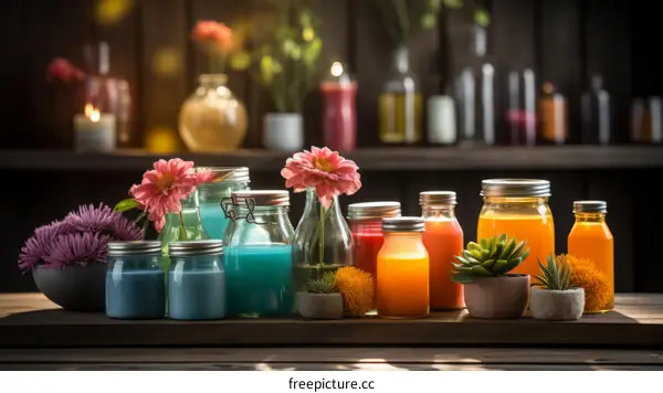 Colorful Bottles and Jars with Flowers and Liquids on Wooden Table