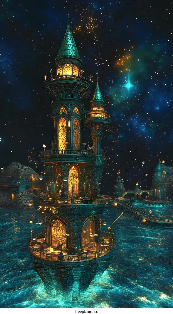 Fantasy Tower on Water With Night Sky