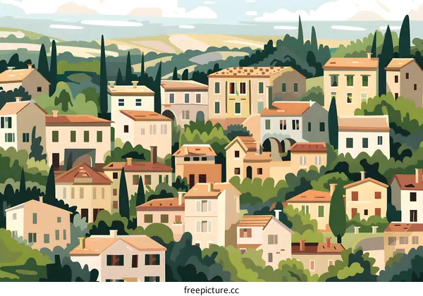 Colorful Illustration of a Hilltop Village with Houses and Trees