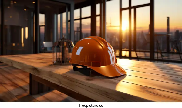 Orange Construction Hard Hat on Sunset with City Skyline in the Background