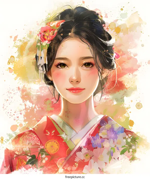 A beautiful Japanese girl in a kimono with a red and white background