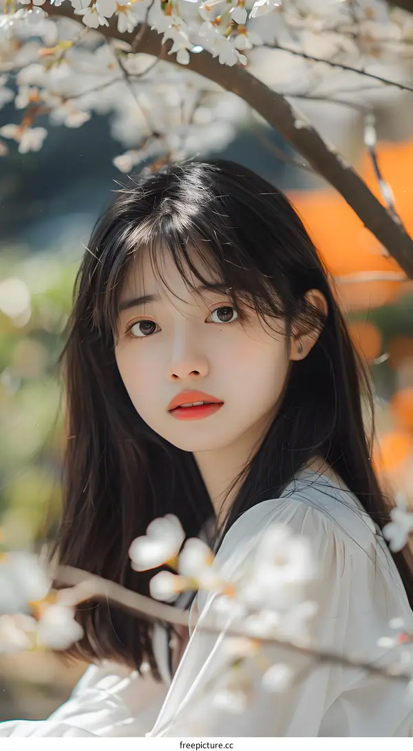 Asian Woman Posing Under Cherry Blossoms
