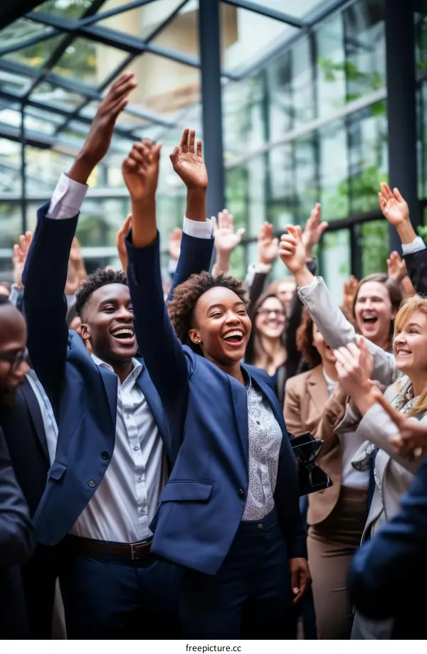 A group of business people are celebrating their success.