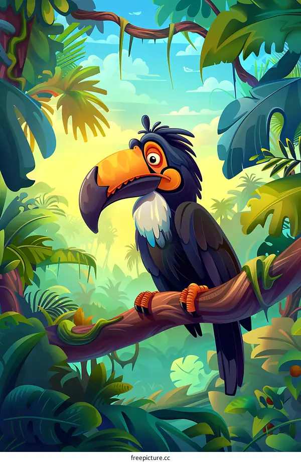 Toucan Bird Sitting on Branch in Tropical Rainforest