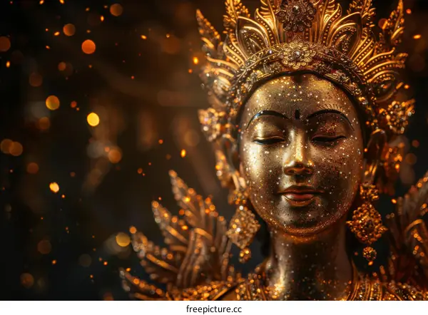 A golden statue of a Hindu god with a serene expression on its face