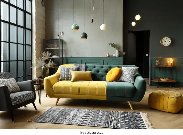 Modern Living Room with Yellow and Green Sofa