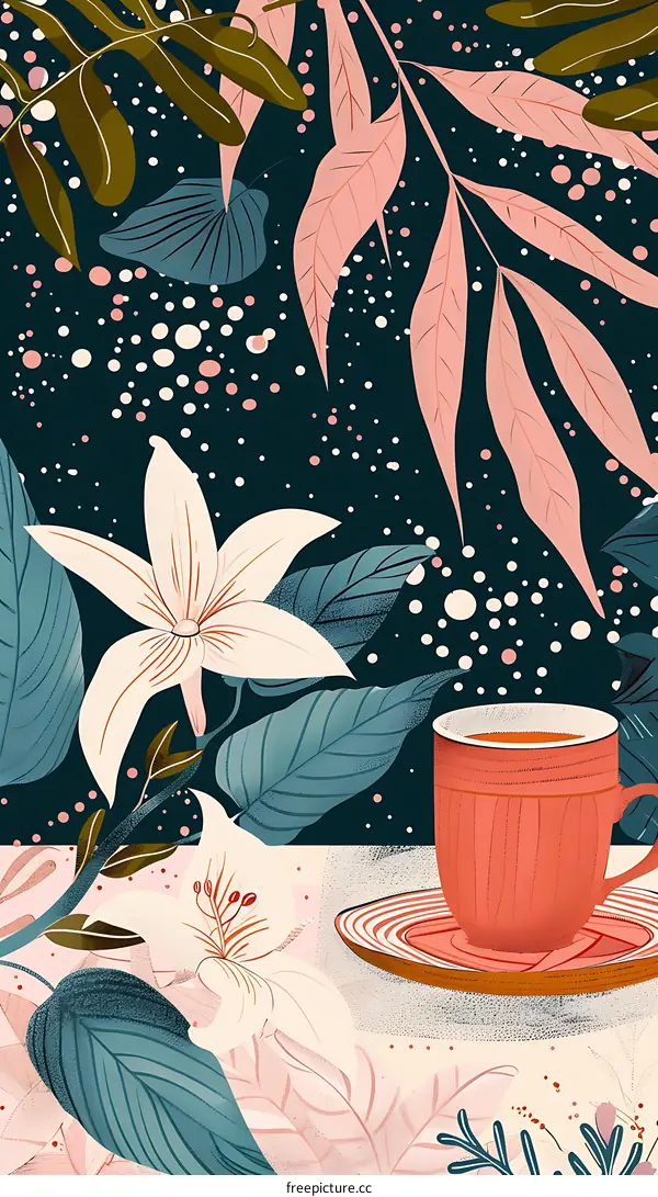 Floral Teacup Illustration with Pink and White Flowers