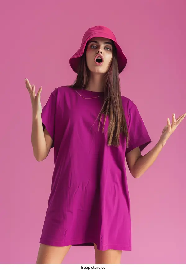 Surprised young woman in oversized t-shirt and bucket hat