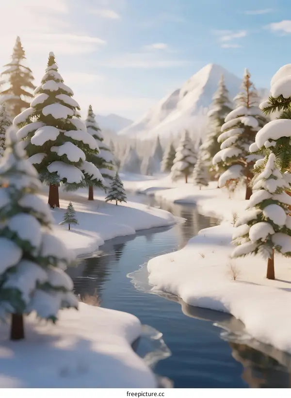 Snowy River Flowing Through Pine Forest with Snowy Mountain