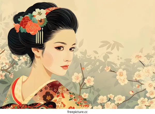 A beautiful Japanese woman in a kimono with a floral pattern and a pink flower in her hair.