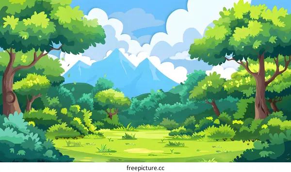 Green Forest Illustration with Mountain Background