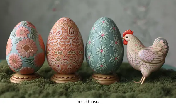 Four beautifully painted Easter eggs with a chicken