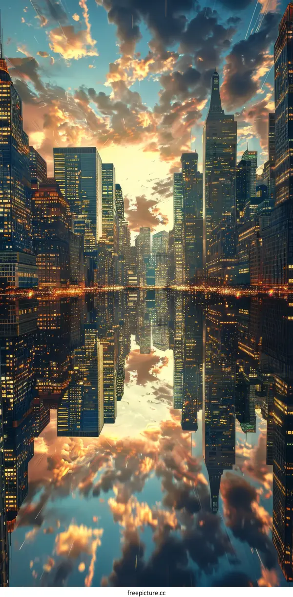 Cityscape Reflection Illustration at Sunset