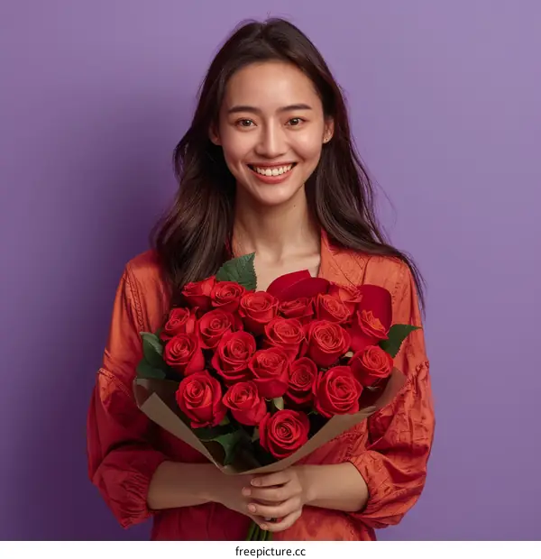 Asian woman holding a bouquet of red roses and smiling