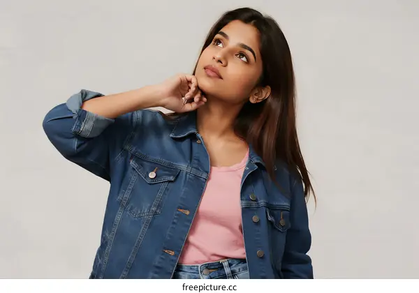 Young Woman Wearing Denim Jacket and Pink Top