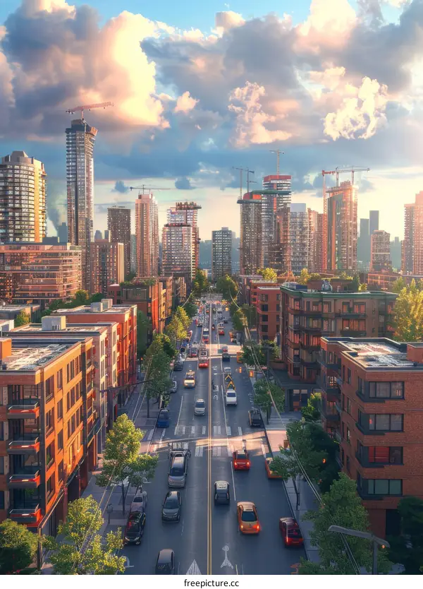 Urban Skyline with Busy Street and Traffic