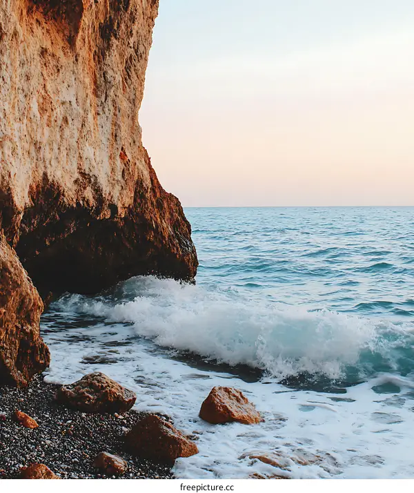 Ocean Waves Crashing on the Beach with Rocks and Cliff in the Background