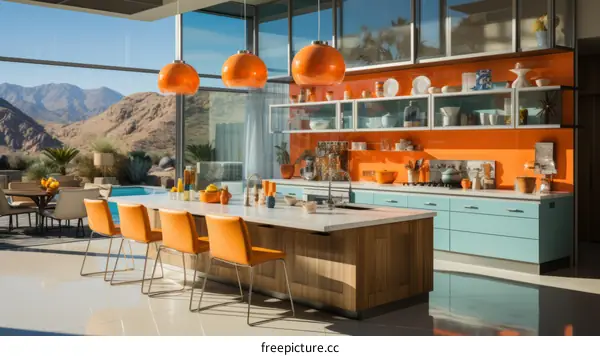 Modern kitchen with large windows and mountain views