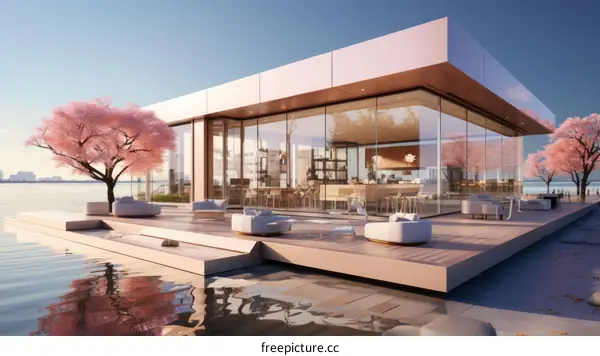 Modern lake house with glass walls and pink cherry trees