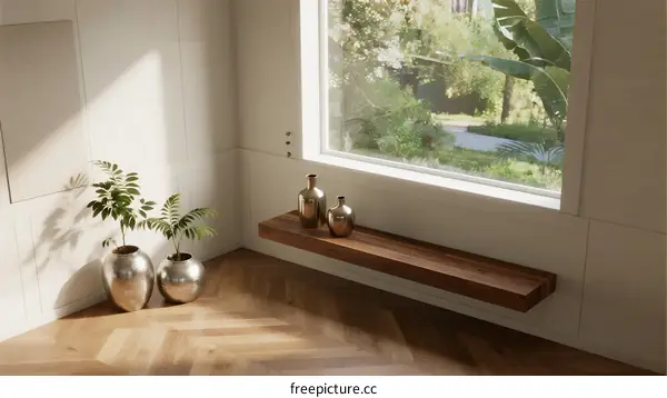 Modern interior space with large window and decorative plants