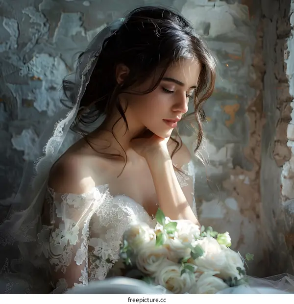 The bride is holding a bouquet of flowers, staring out the window, thoughtful