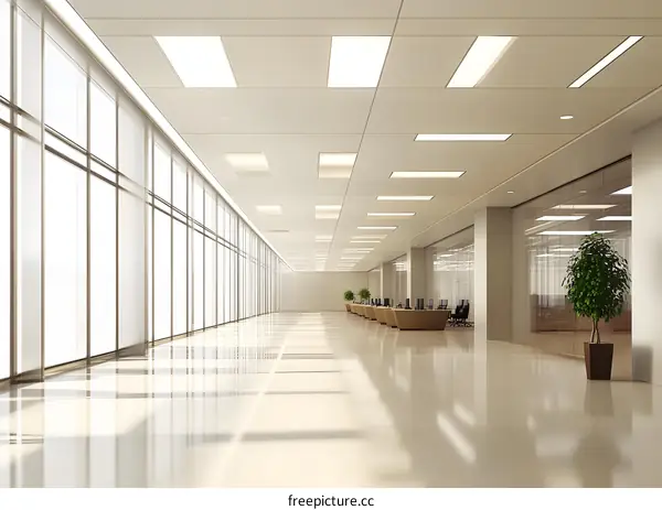 Modern Office Hallway with Sunlight Streaming Through Windows