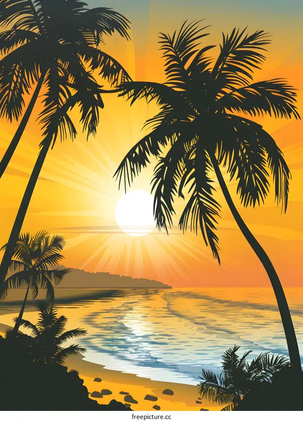Tropical Sunset Beach Scene with Palm Trees