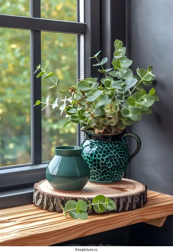 Green Eucalyptus Plant in a Ceramic Vase on a Wooden Shelf