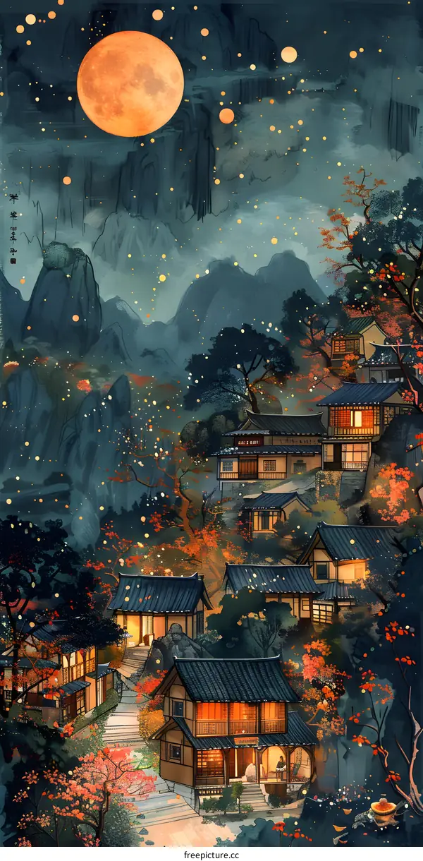 The moon shines on the houses among the mountains