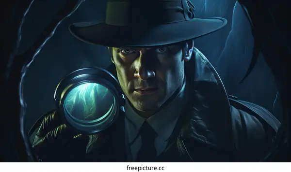 Man in a hat and coat looking through a magnifying glass