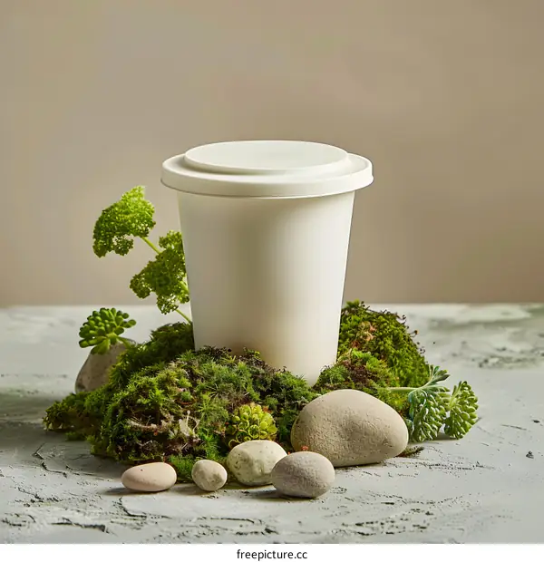 White Coffee Cup Mockup with Green Moss and Stones