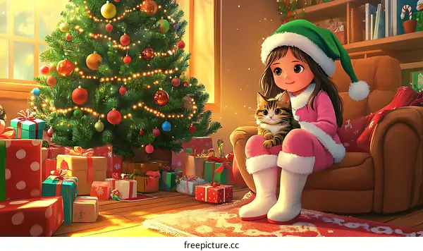 Christmas Cheer with a Girl and a Kitten