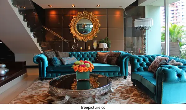 blue velvet sofa in living room