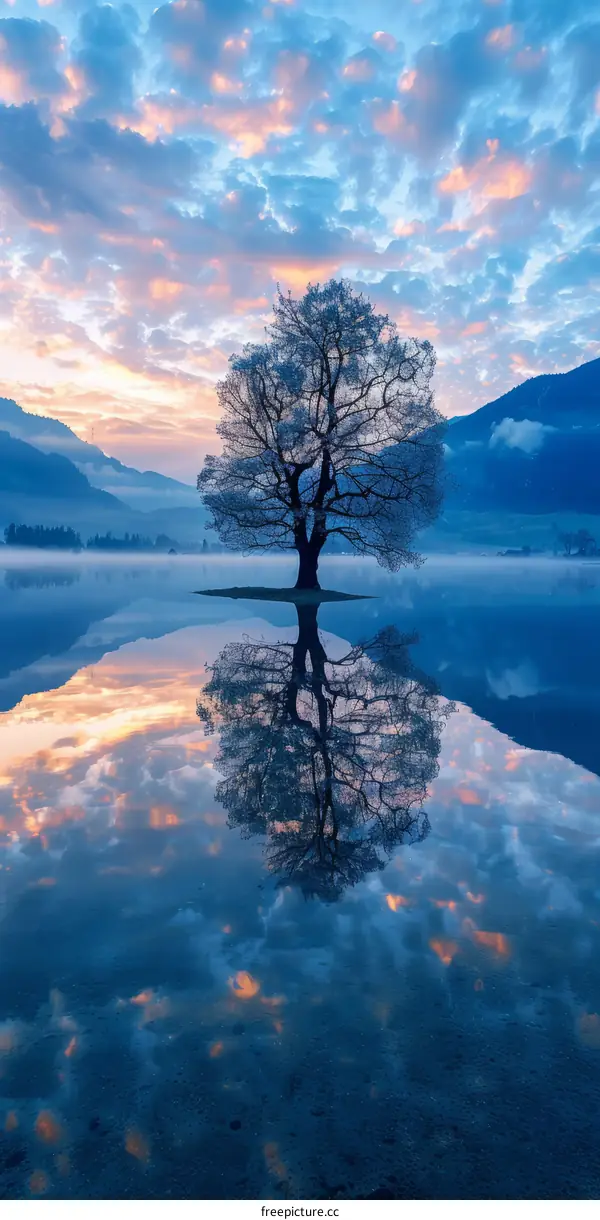 Lonely Tree in the Middle of a Still Lake with a Mountain in the Background