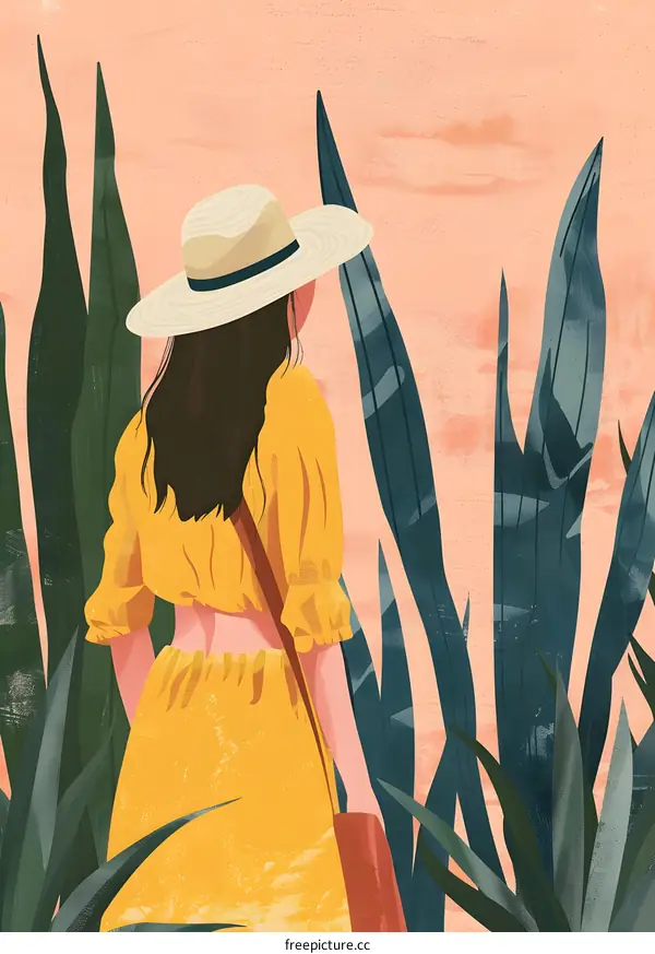 Woman in Yellow Dress Standing in Lush Foliage