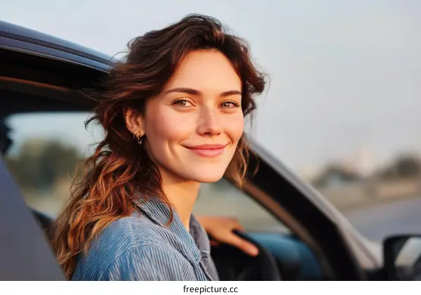 Smiling Woman by Car Window Outdoors