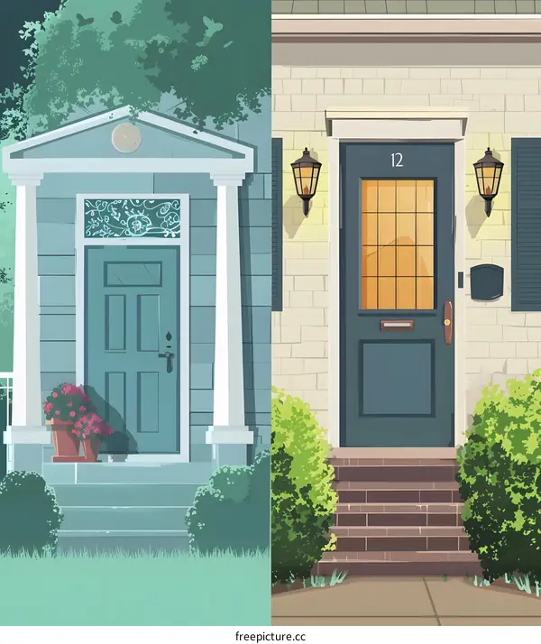 Two Houses with Doors and Lanterns