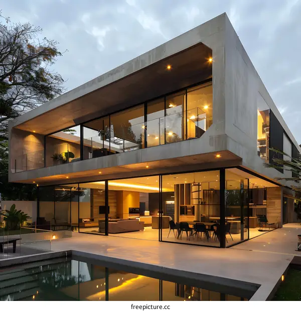 Modern Concrete House with Swimming Pool and Large Windows