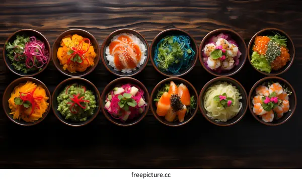 Top view of a variety of colorful and healthy poke bowls