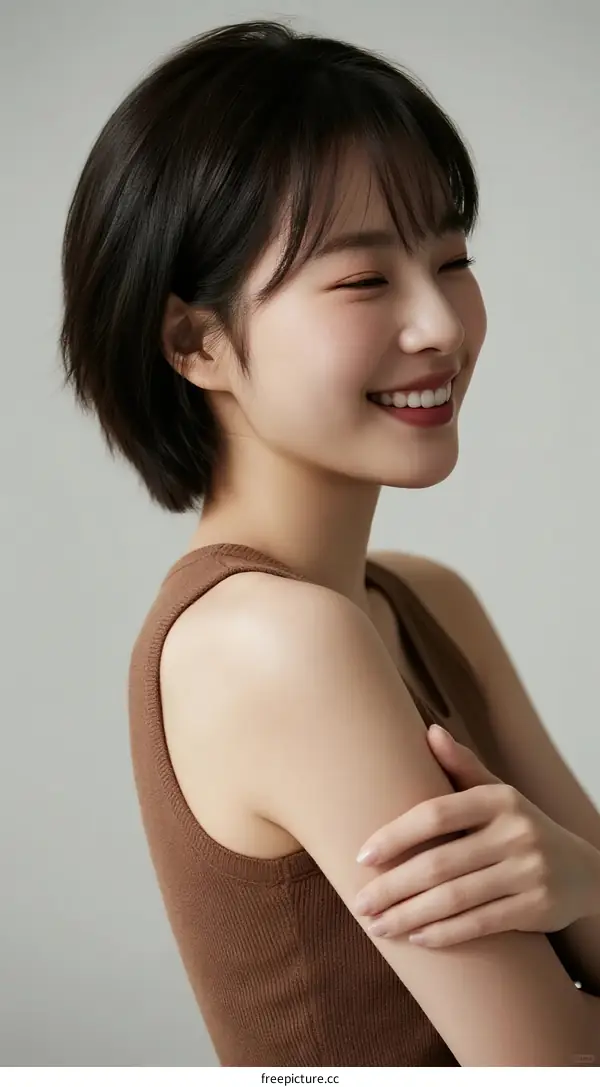 A Young Woman with Short Hair Smiling and Looking Away