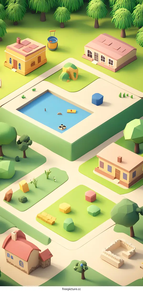 Low Poly Style 3D Illustration Of A Colorful Small Town