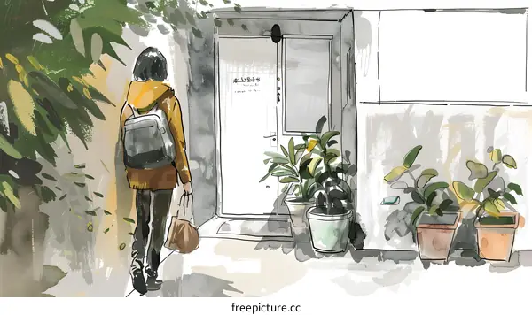 Woman with Backpack Walking Toward a Building