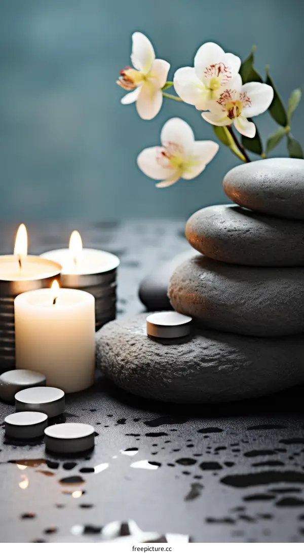 Spa Stones and Orchid Flowers with Candles on a Wet Surface