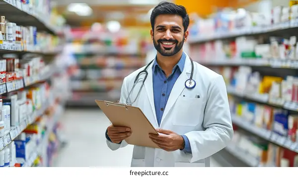 Pharmacist Checking Inventory in Pharmacy Store